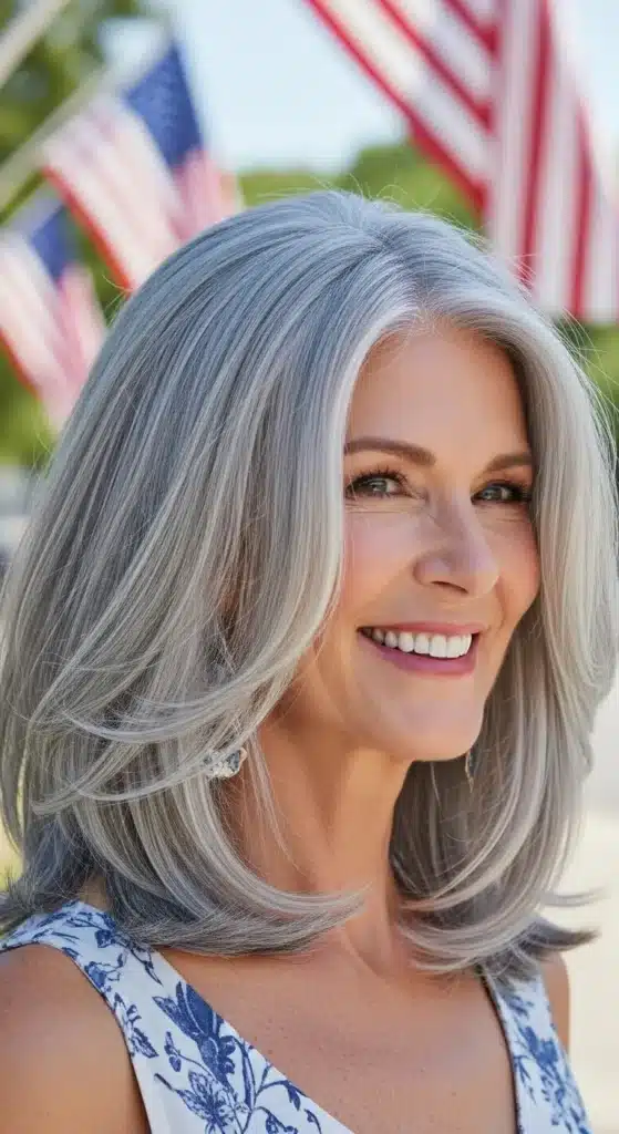 Layered lob with soft highlights hairstyle for women over 60 styled for 4th of July 2025, featuring silver or blonde tones in a fresh, vibrant summer setting.