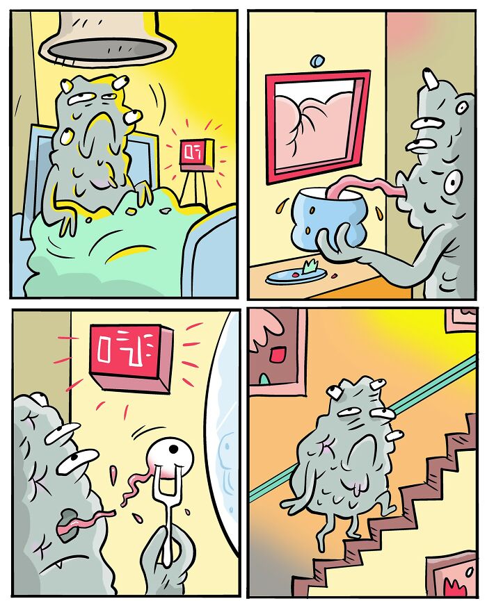 A lumpy cartoon monster wakes up at 7 a.m., looking miserable. It slurps food with its tongue, reattaches its own eyeball with a fork, and slowly walks down the stairs with a tired expression.