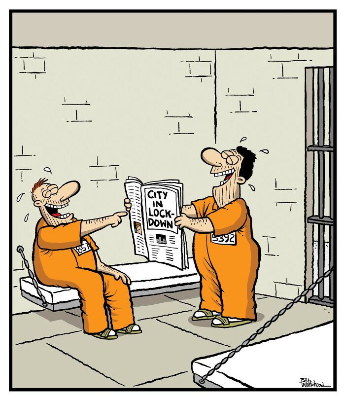 Two prisoners in orange jumpsuits are laughing as one holds a newspaper with the headline