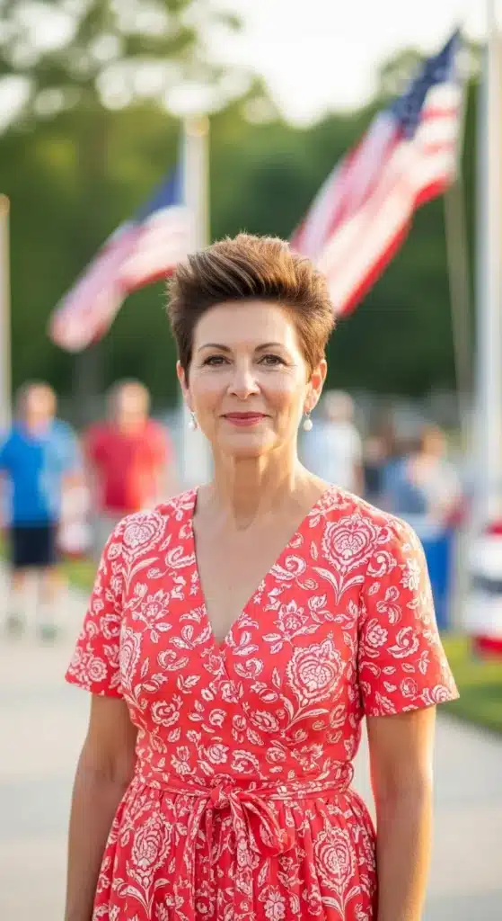 Short spiky cut hairstyle for women over 60 styled for 4th of July 2025, featuring bold textured hair in a festive outdoor setting.