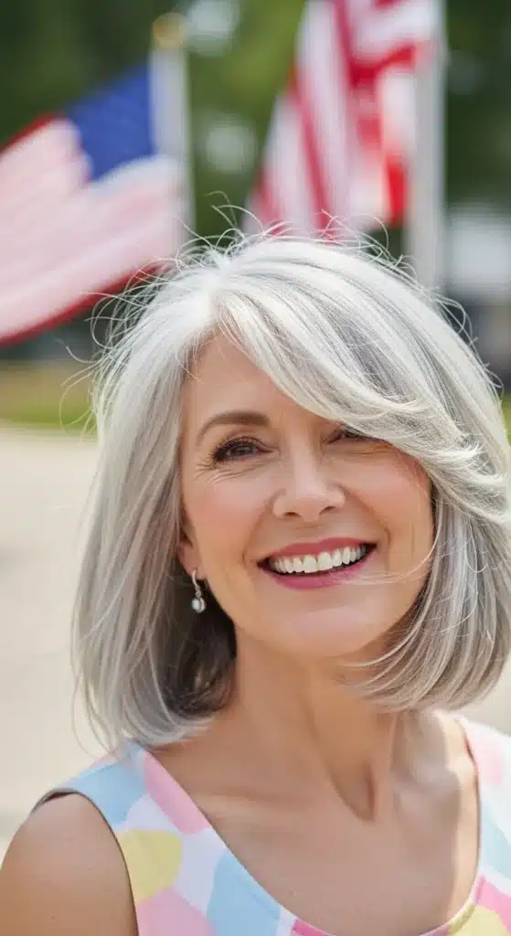 Side-swept bangs with medium layers hairstyle for women over 60 styled for 4th of July 2025, featuring soft silver hair with natural volume in a bright, festive outdoor setting.