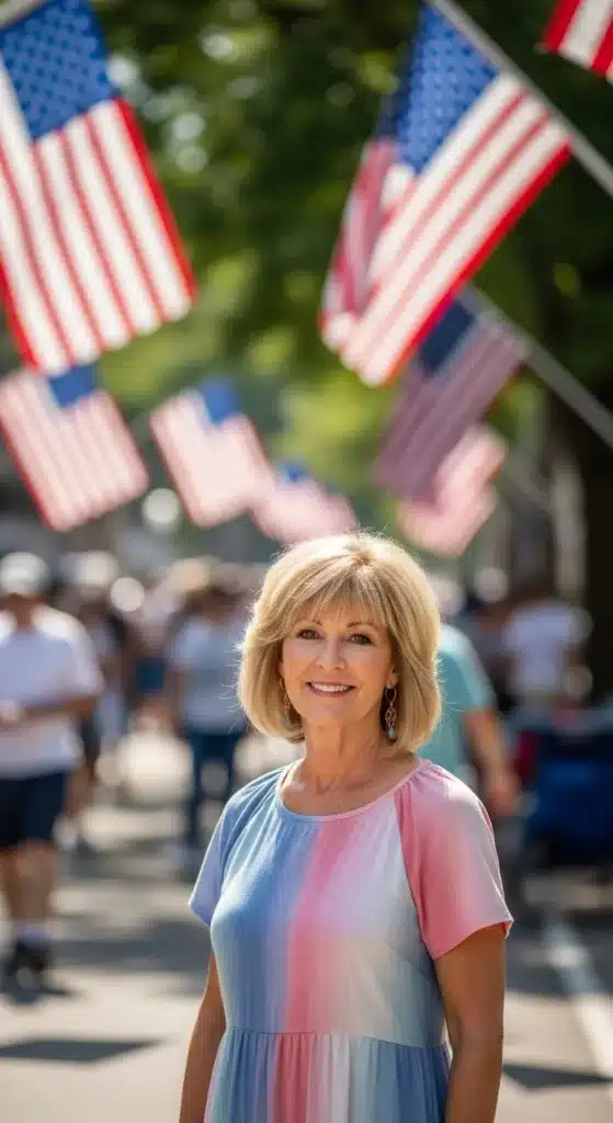 Soft blonde layered bob hairstyle for women over 60 styled for 4th of July 2025, featuring bright blonde hair in a lively summer outdoor setting.
