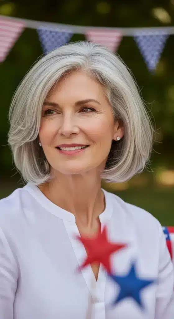 Elegant soft layered bob hairstyle for women over 60 celebrating 4th of July 2025, showing gentle volume and side part with natural silver hair at a summer backyard gathering.