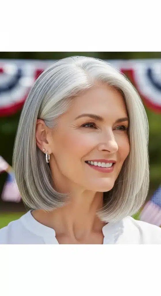 Straight sleek bob hairstyle for women over 60 styled for 4th of July 2025, showing silver hair in a smooth, chin-length cut with a bright outdoor holiday setting.