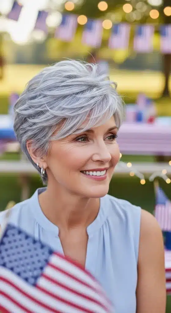 Textured pixie cut hairstyle for women over 60 styled for 4th of July 2025, featuring soft layered silver hair with natural volume in a cheerful summer setting.