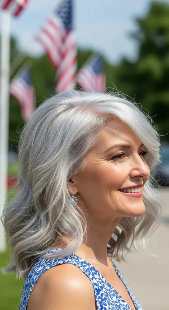 Wavy lob with side part hairstyle for women over 60 styled for 4th of July 2025, showing soft waves in a bright outdoor celebration setting.