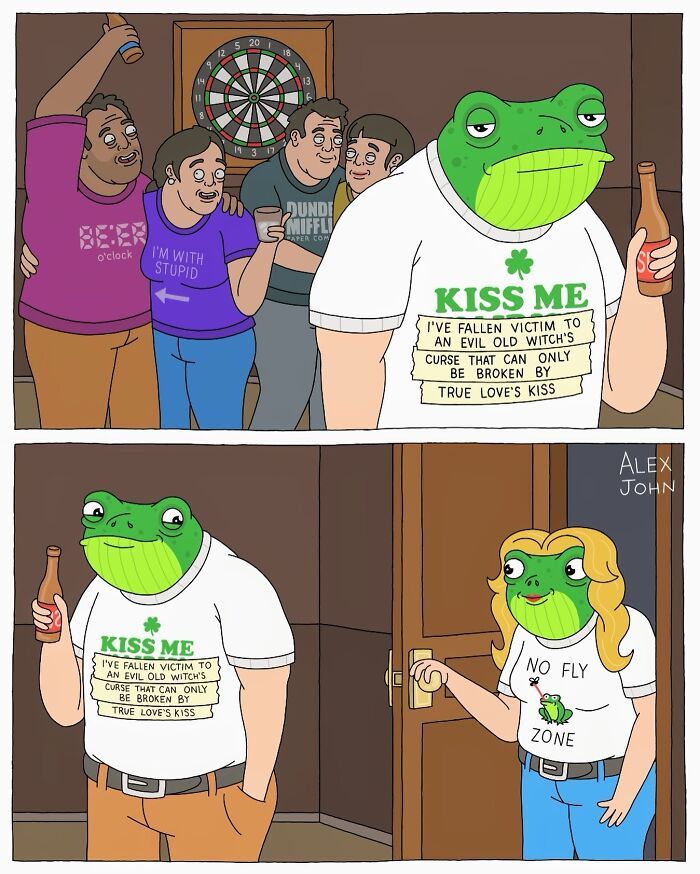 A person with a frog head stands awkwardly with friends by a dartboard, wearing a shirt about breaking a witch's curse with true love's kiss. In the next panel, another person with a frog head holds a door, wearing a 'No Fly Zone' shirt.