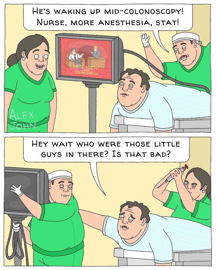 A patient wakes up during a colonoscopy, seeing a mini talk show on the monitor, while the doctor and nurse react with surprise.