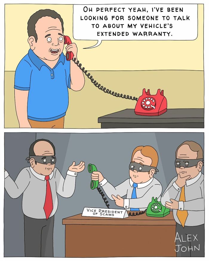 A man happily talks on a red phone, saying he wants to discuss his vehicle's extended warranty. In the next panel, three masked men labeled as