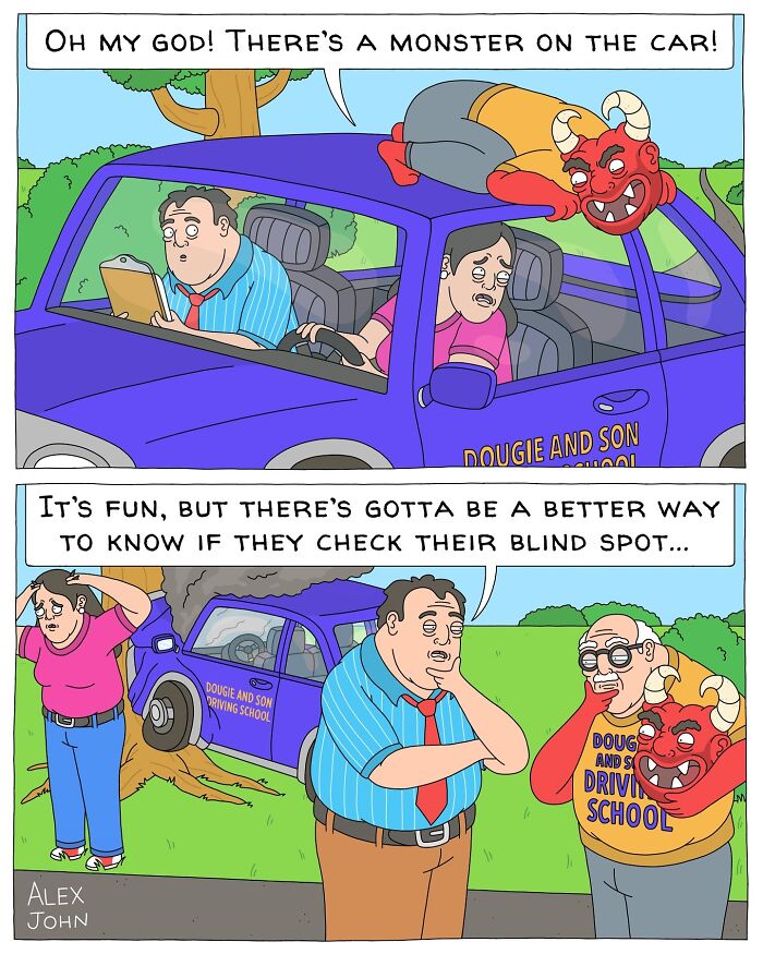 A nervous student and driving instructor sit inside a car with a red monster on the roof. In the next scene, the car has crashed and the instructor ponders with an expression of regret.
