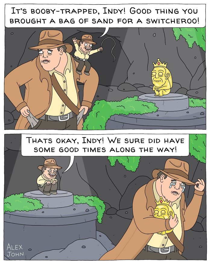 Two characters resembling adventurers are in a cave. One points out a gold idol while stating a trap exists, the other looks regretful, holding the idol without a bag of sand for a switch.