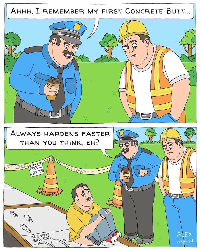 A police officer and a construction worker laugh as a man sits with his bottom stuck in wet concrete. The officer holds a coffee cup, while the man looks embarrassed. Cones and signs indicating “wet concrete” surround the scene.