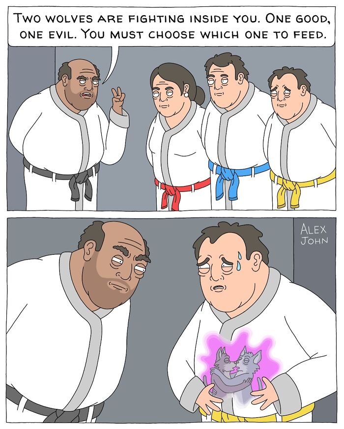 A martial arts instructor tells a student about the two wolves fighting inside him. The student looks anxious and reveals a glowing outline of two wolves on his chest.