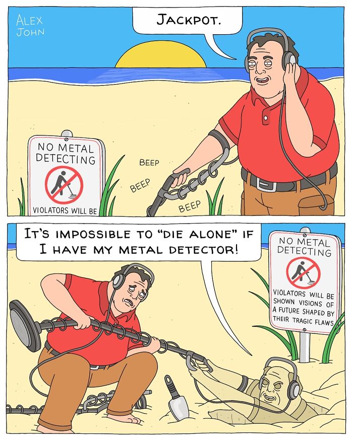 A man with a metal detector on a beach hears it beep. He's ignoring a