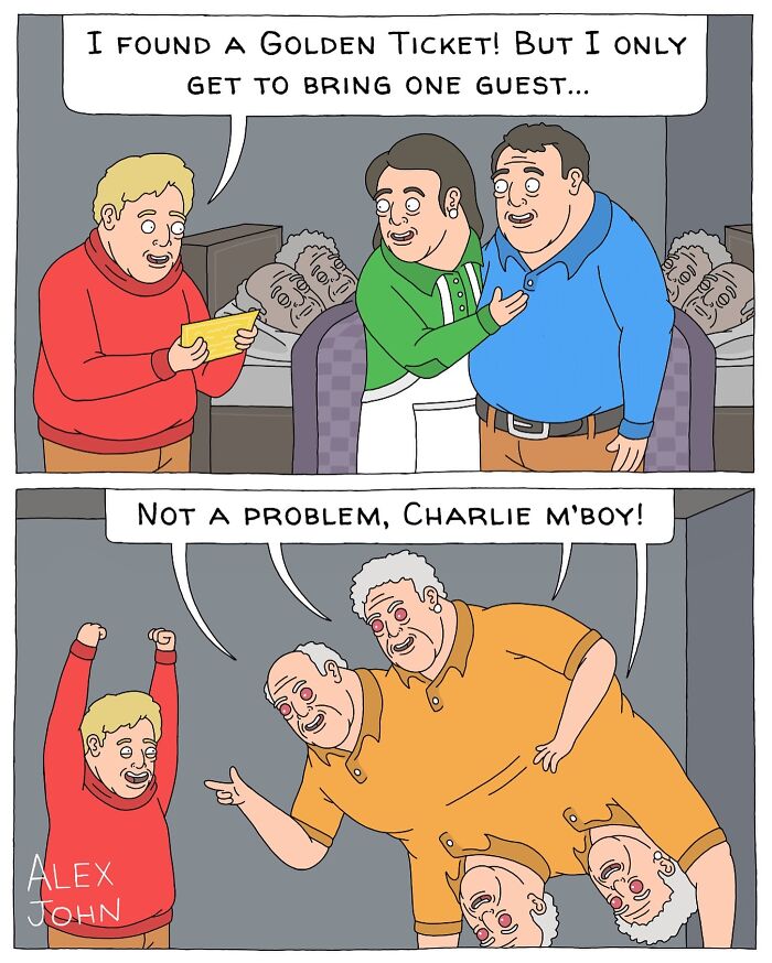 A boy holding a golden ticket discusses bringing one guest. Three heads of his grandpa, stacked on top of each other, enthusiastically volunteer as a single entity.