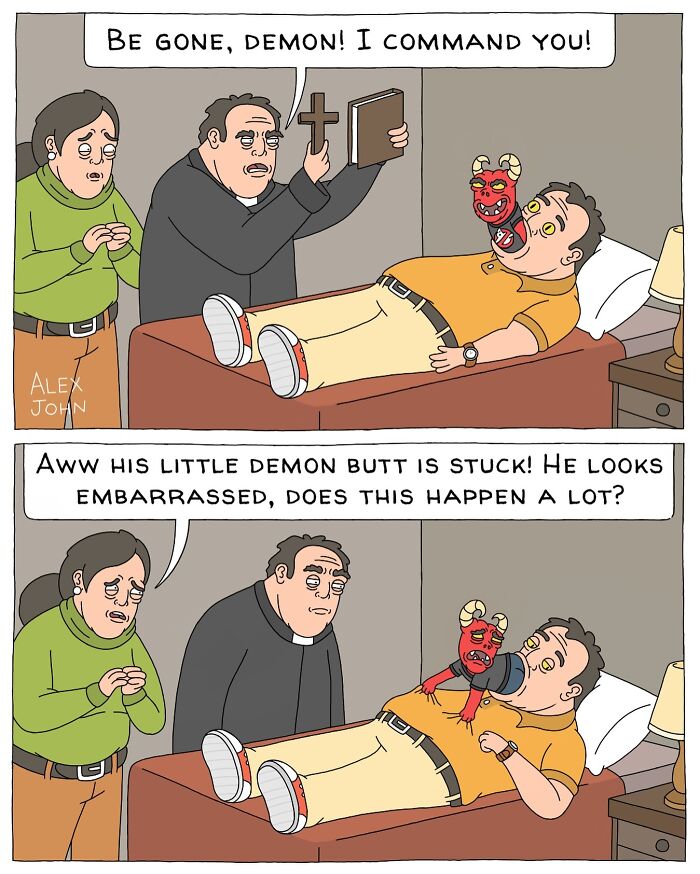 A man lies on a bed with a small red demon stuck to his face, while another man holds a cross and book, trying to perform an exorcism. A second observer comments on the hilarious situation.