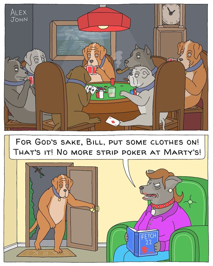 Five dogs are playing poker at a table; one dog stands naked at the door while another dog on a green chair scolds him for losing at strip poker.