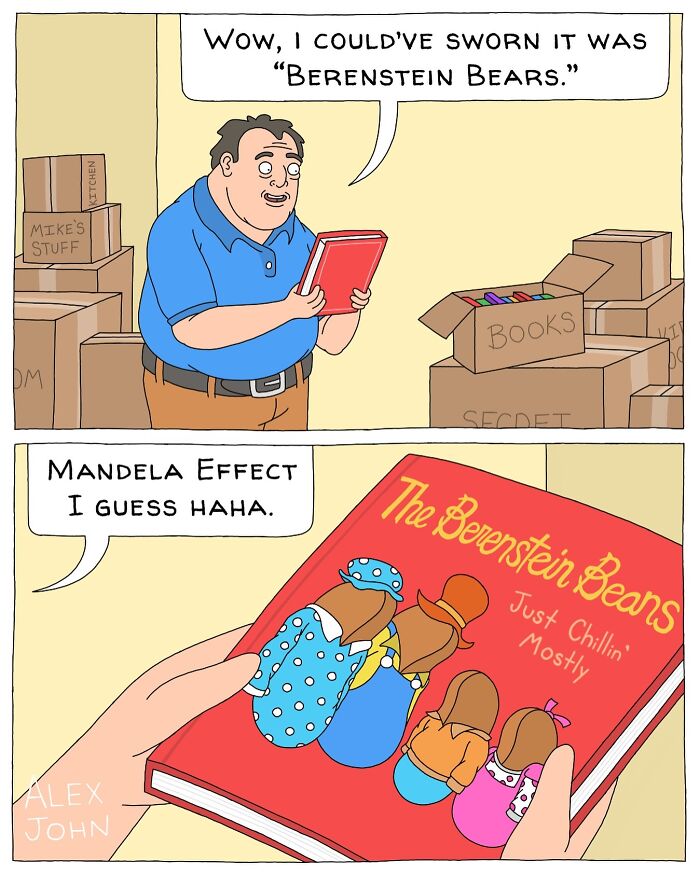 A person holding a book titled “The Berenstein Beans” is surprised, recalling it as “Berenstein Bears.” The book cover features bean characters in colorful outfits.