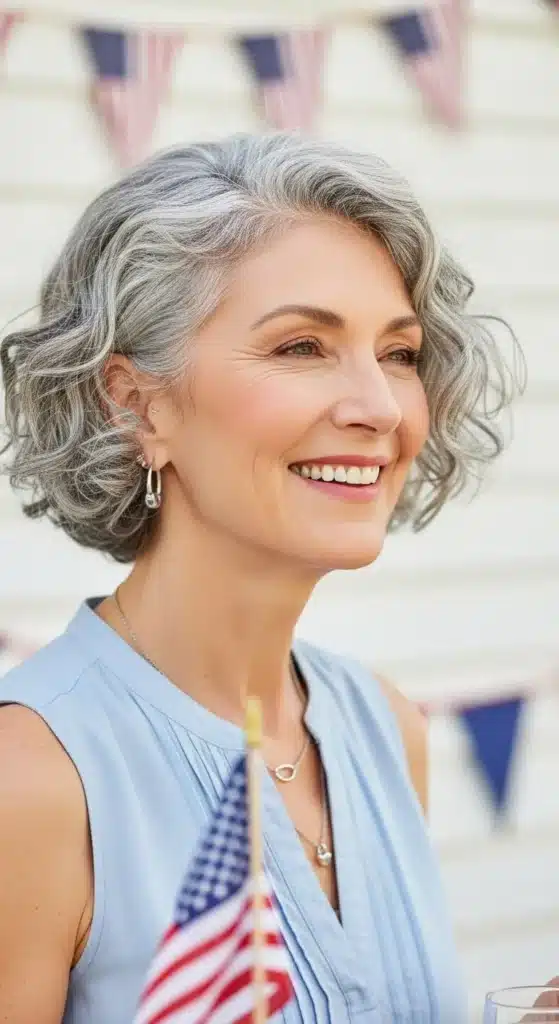 Wispy curly crop hairstyle for women over 60 styled for 4th of July 2025, featuring short soft curls in a bright, festive summer setting.