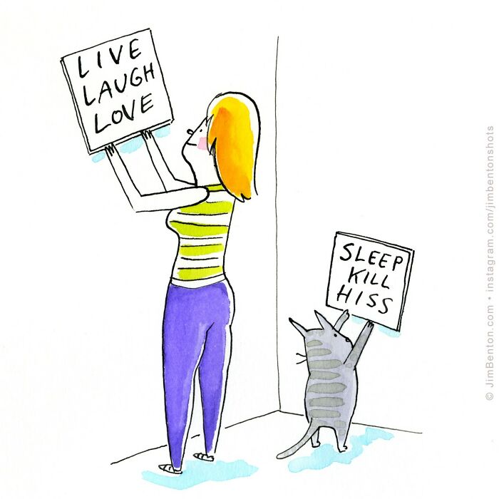 Veteran artist comic of a woman hanging a "Live Laugh Love" sign, while a cat holds "Sleep Kill Hiss" sign. Veteran artist comic of a woman hanging a "Live Laugh Love" sign, while a cat holds "Sleep Kill Hiss" sign.