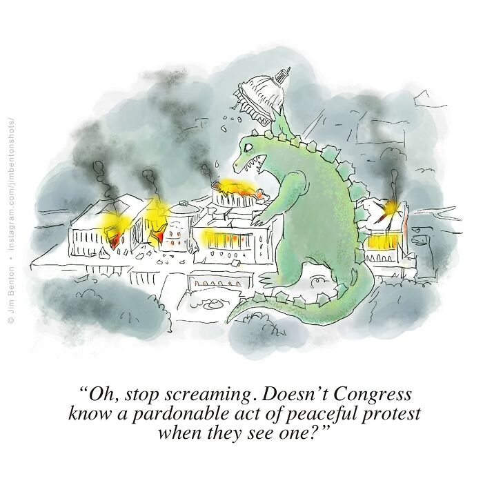 Giant dinosaur wearing a Capitol dome causing chaos, with a caption about Congress and peaceful protest. Giant dinosaur wearing a Capitol dome causing chaos, with a caption about Congress and peaceful protest.