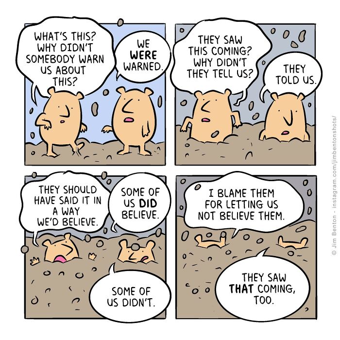 Hilarious comic by veteran artist depicting two characters discussing warnings, with humor and absurdity. Hilarious comic by veteran artist depicting two characters discussing warnings, with humor and absurdity.