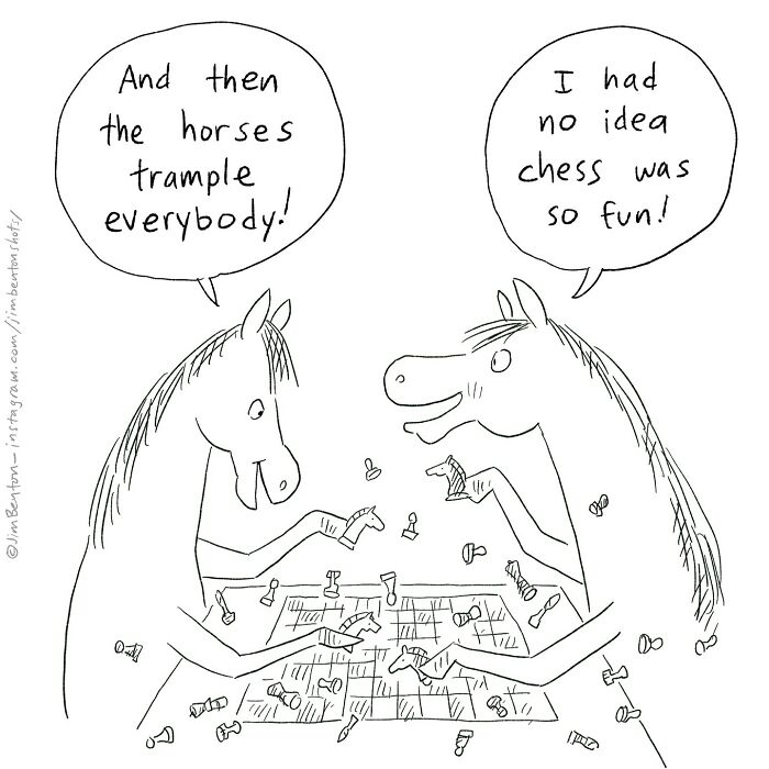 Two horses humorously discussing chess in an absurd comic by a veteran artist. Two horses humorously discussing chess in an absurd comic by a veteran artist.