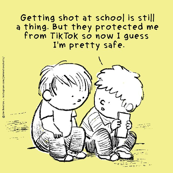 Comic of two children discussing safety and TikTok, reflecting on modern fears with humor by a veteran artist. Comic of two children discussing safety and TikTok, reflecting on modern fears with humor by a veteran artist.