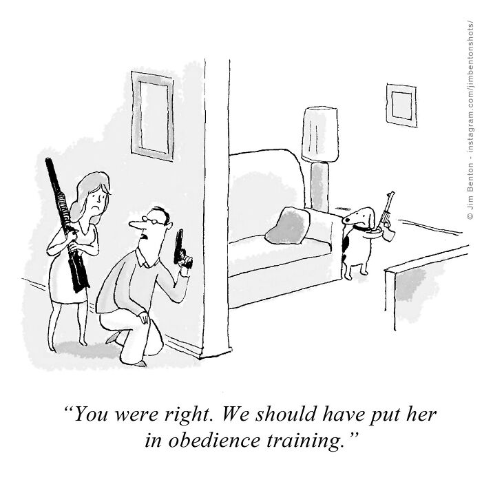 Veteran artist comic showing a couple hiding from a dog with a gun, emphasizing humor and absurdity. Veteran artist comic showing a couple hiding from a dog with a gun, emphasizing humor and absurdity.