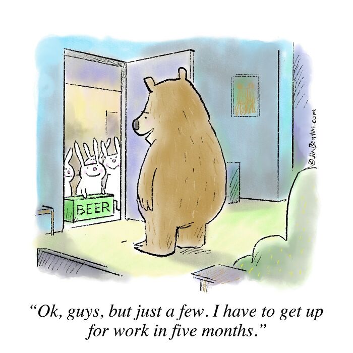 Bear at door with rabbits, one holding a beer sign, humorous comic by veteran artist. Bear at door with rabbits, one holding a beer sign, humorous comic by veteran artist.