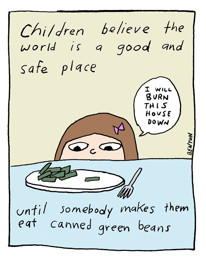 Comic of a child refusing to eat canned green beans, showcasing absurd humor by a veteran artist. Comic of a child refusing to eat canned green beans, showcasing absurd humor by a veteran artist.