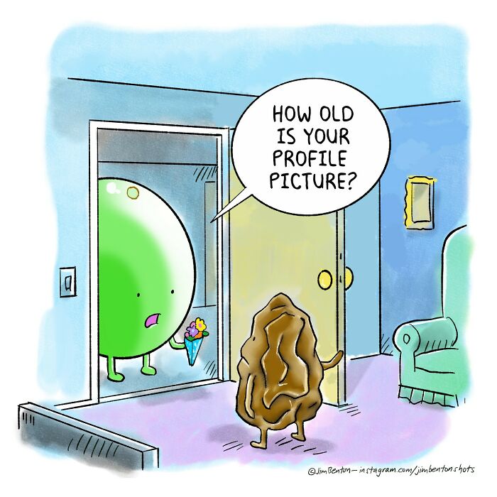 Absurd comic of a talking bean and a raisin discussing profile picture age at the door. Absurd comic of a talking bean and a raisin discussing profile picture age at the door.