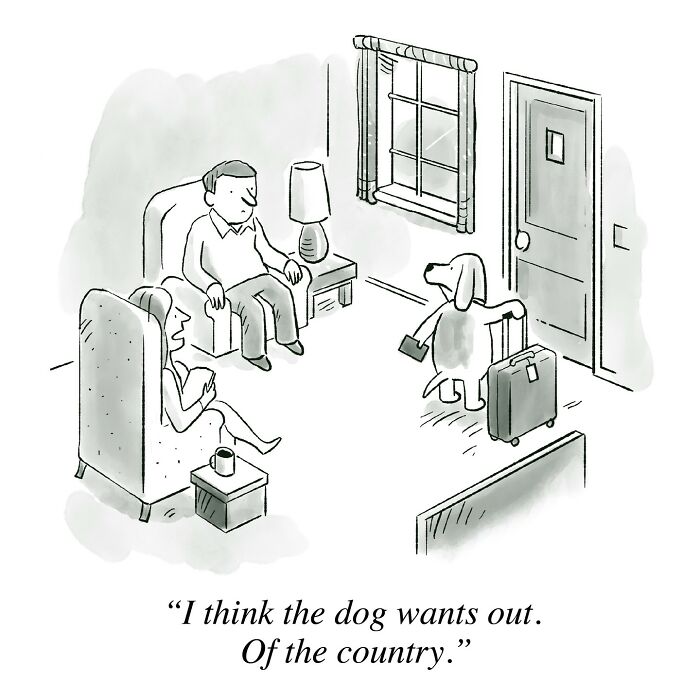 Cartoon of a dog with a suitcase, owners joking about it wanting to leave the country; humorous comic by a veteran artist. Cartoon of a dog with a suitcase, owners joking about it wanting to leave the country; humorous comic by a veteran artist.