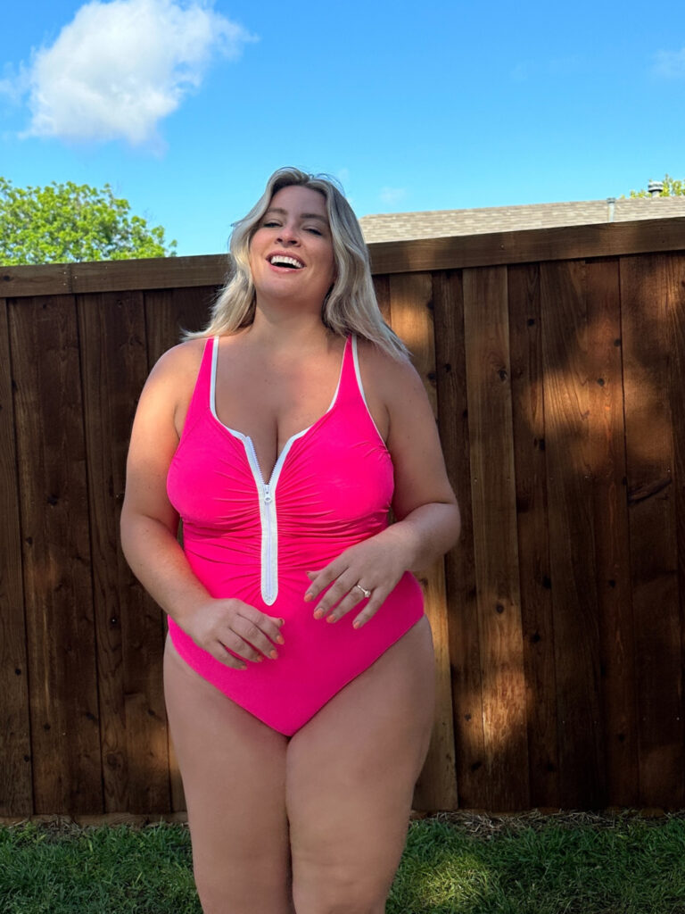 Women’s Zip-Front One-Piece Swimsuit with Ruched Front, Wide Straps, Full Bust Support, Hot Pink Swimwear