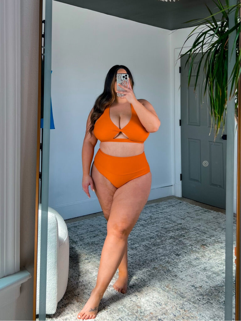 Women’s High-Waisted Bikini Set with Plunge Twist Top, Full Bust Support, Tummy Control Bottoms, Solid Orange Swimwear