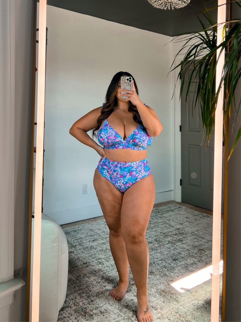 Women’s Floral Bikini Set with Supportive V-Neck Top, High-Waisted Bottoms, Full Bust Support, Blue Multi-Print Two-Piece