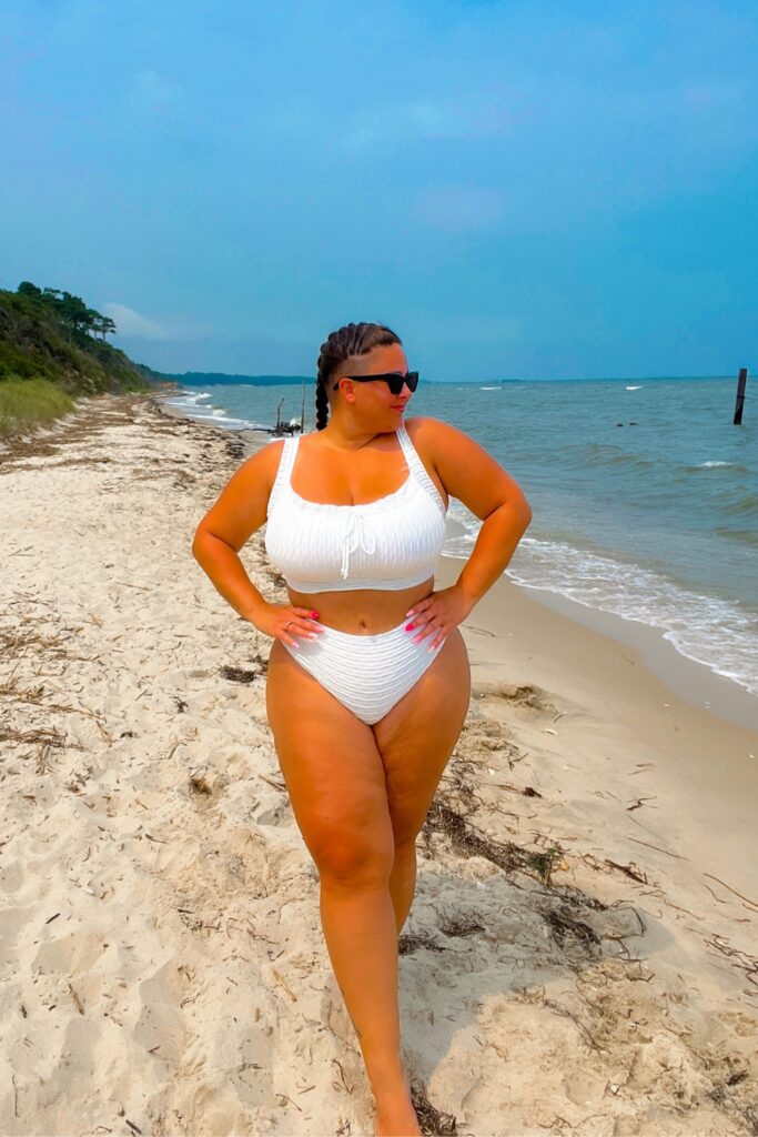 Women’s Ribbed High-Waist Bikini Set with Adjustable Drawstring Top, Wide Straps, Full Bust Support, White Two-Piece Swimwear