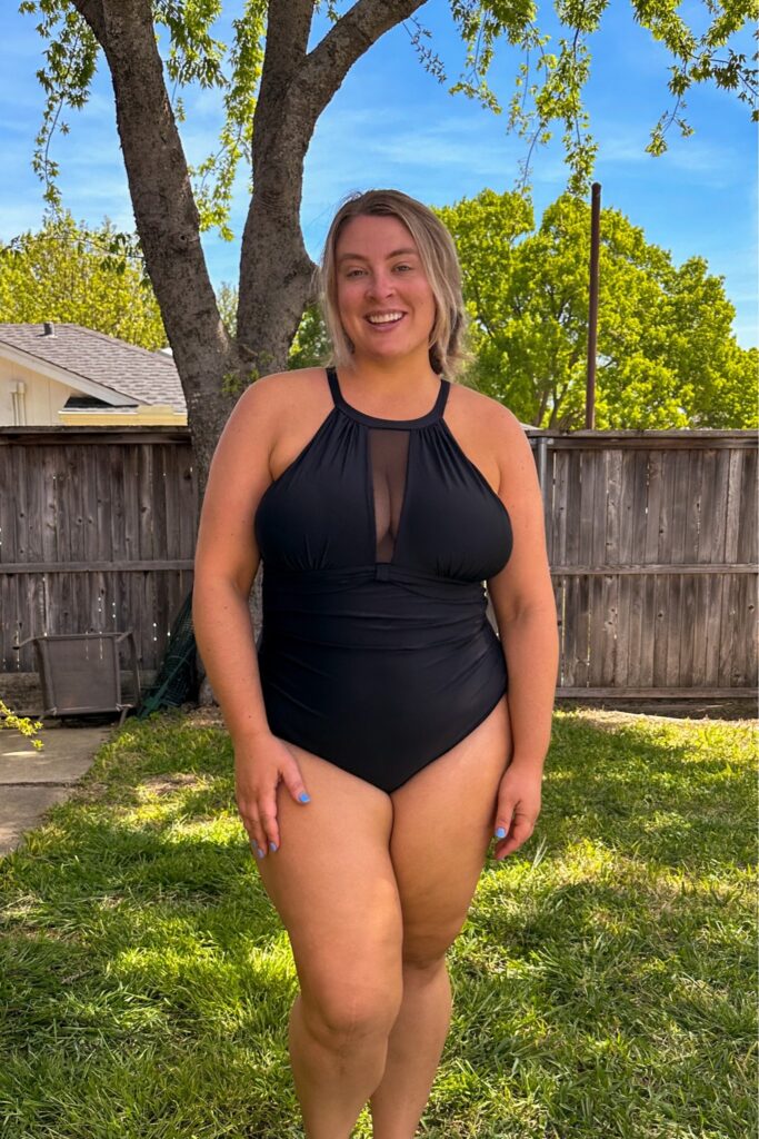 Women’s Halter-Neck One-Piece Swimsuit with Mesh Panel, Tummy Control, Full Bust Support, Classic Black Swimwear